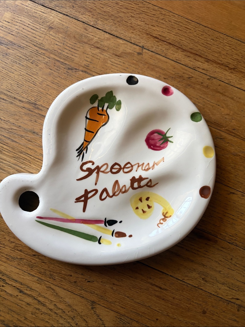 Vintage White Ceramic Spoon Rest with Colorful Vegetable Motifs
